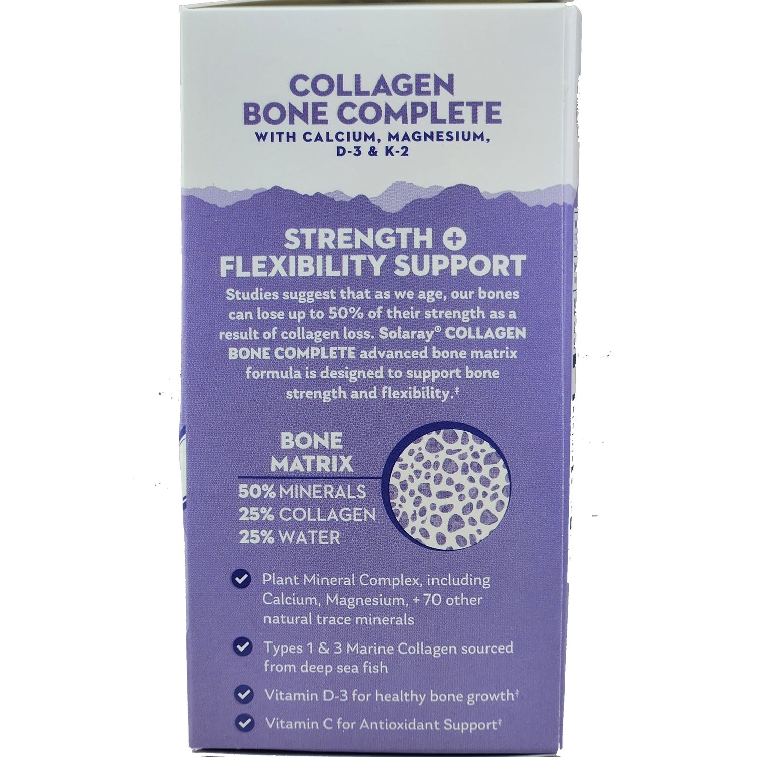 SLR447 | Collagen Bone Complete infographic: Strength + Flexibility Support; bone matrix 50% minerals, 25% collagen, 25% water