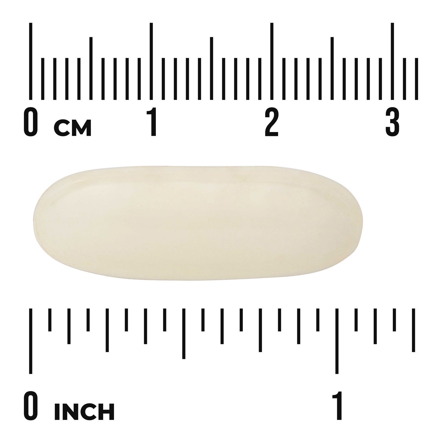SWE045 | White oblong capsule shown with ruler, 03 cm and 01 inch