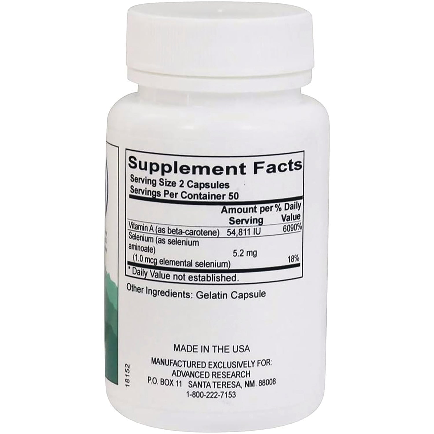 ADR010 | Back label with Supplement Facts, serving size 2 capsules, 50 servings, and other ingredients gelatin capsule