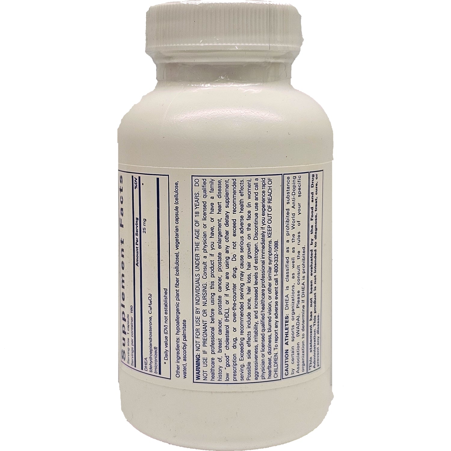 PRN013 | Back of white supplement bottle showing supplement facts table and warning text