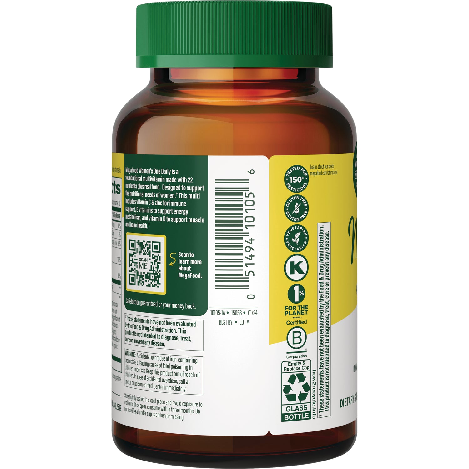 MGF001 | back label of amber supplement bottle showing barcode, QR code, certifications and small text