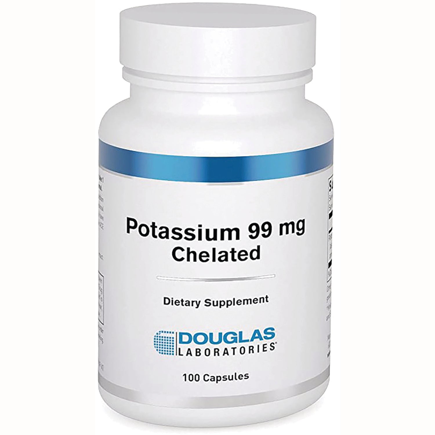 DGL024 | White Douglas Laboratories bottle labeled Potassium 99 mg Chelated dietary supplement, 100 capsules front view
