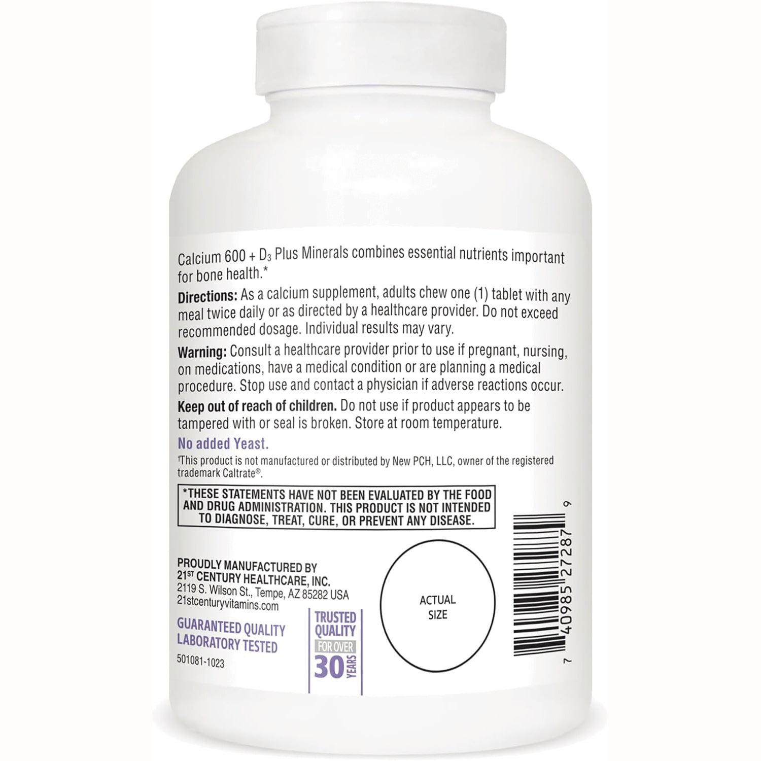 CNT204 | Back label showing directions, warning text, barcode and actual size circle on white supplement bottle