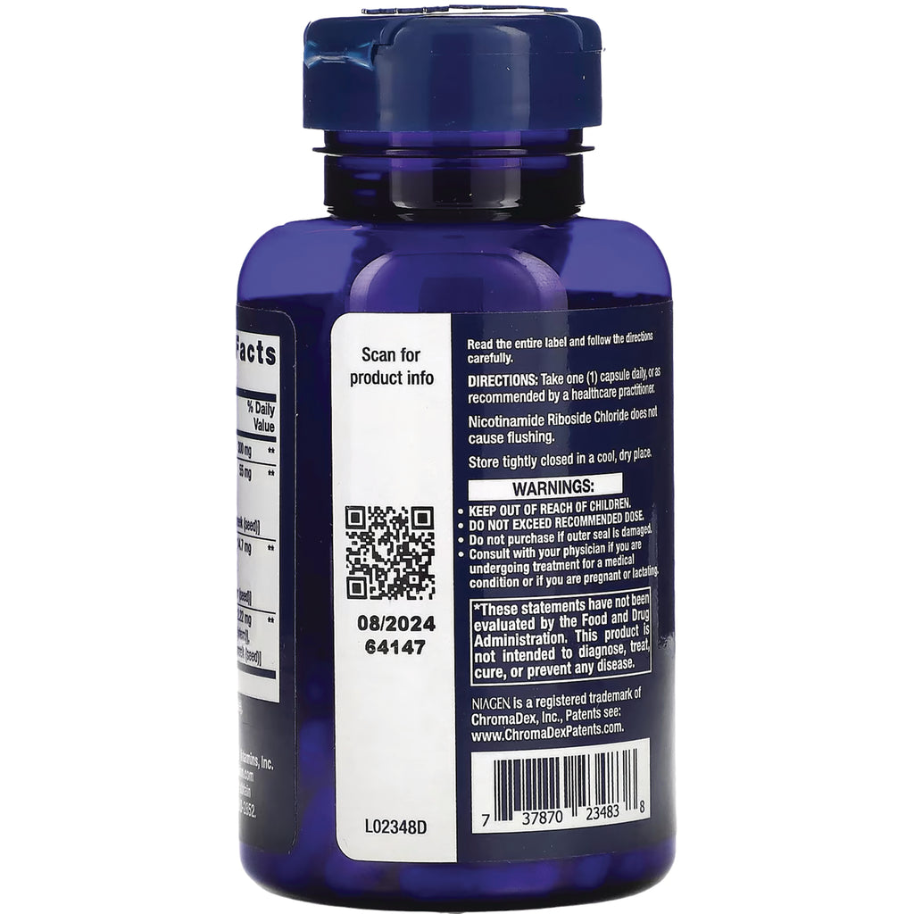 LE491 | Back of blue supplement bottle showing QR code, barcode, warnings, directions and expiration 08/2024 - Thumbnail