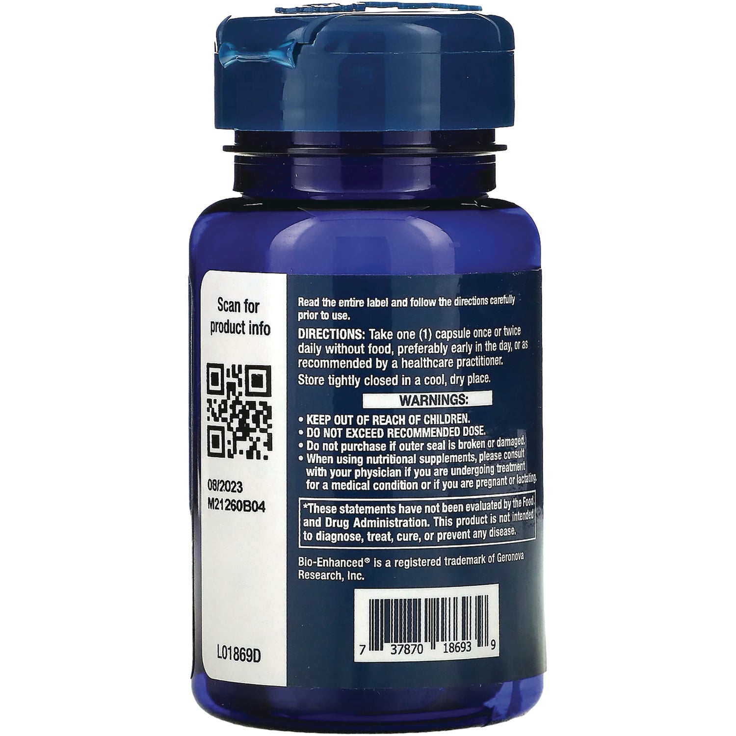 LE394 | Back label of blue supplement bottle showing directions, warnings, barcode, QR code and lot number