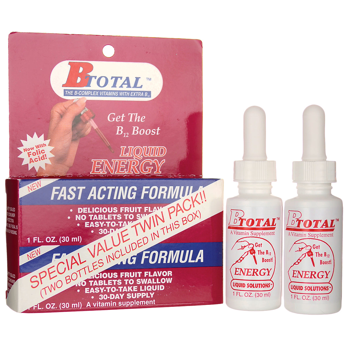 SUB001 | B-TOTAL Liquid Energy B12 Boost twin pack, box with two 1 fl oz dropper bottles