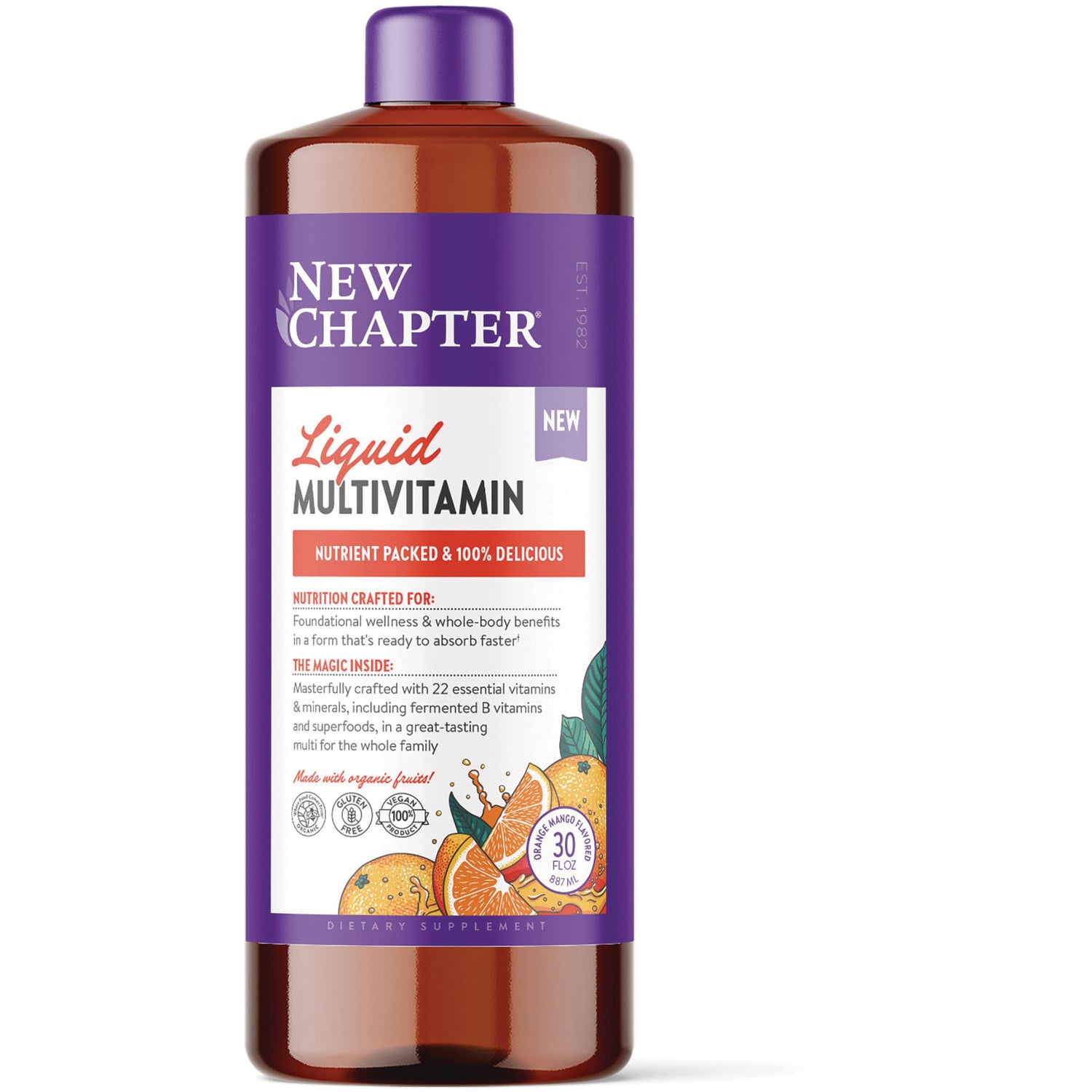 NWC393 | New Chapter Liquid Multivitamin 30 fl oz bottle with orange mango illustration