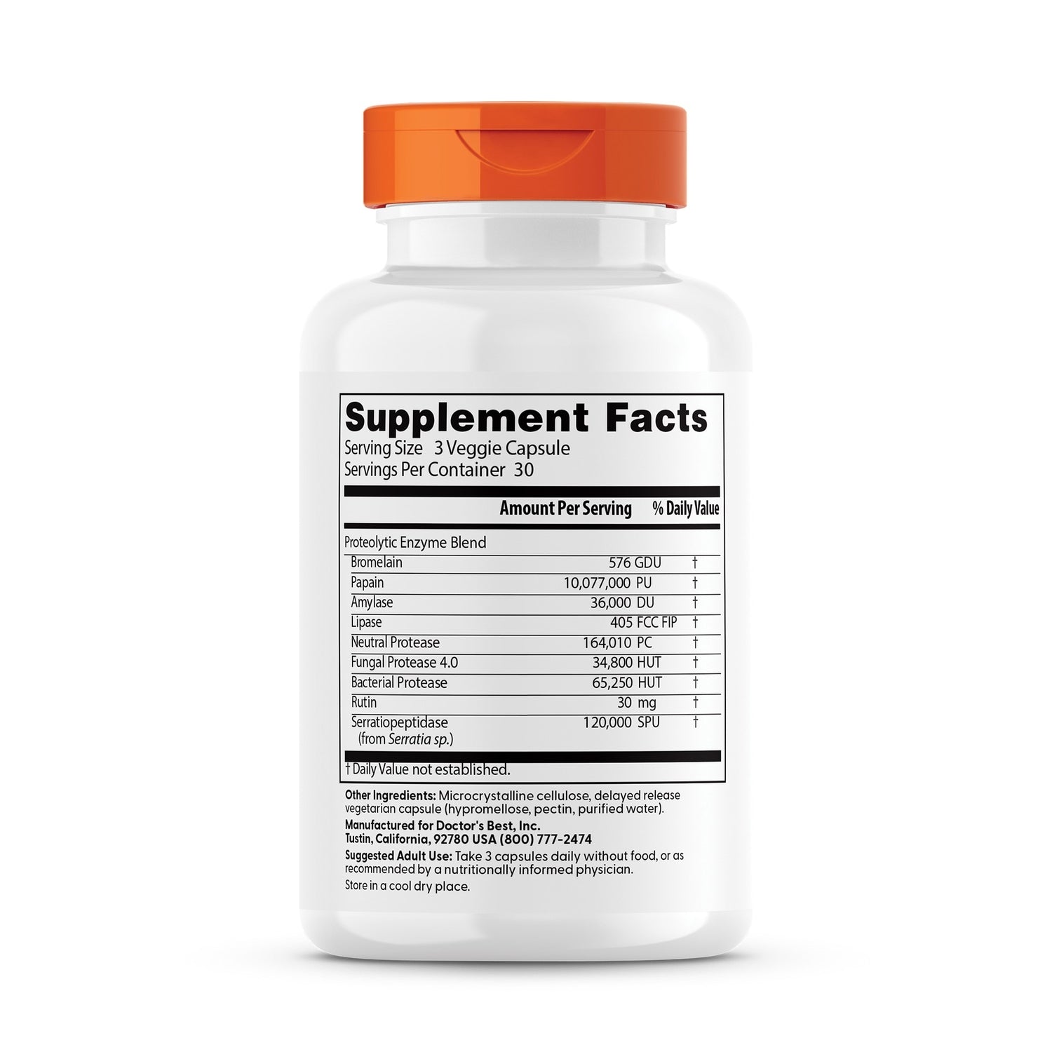 DB090 | Back label showing Supplement Facts panel, ingredient list, and suggested use on white bottle