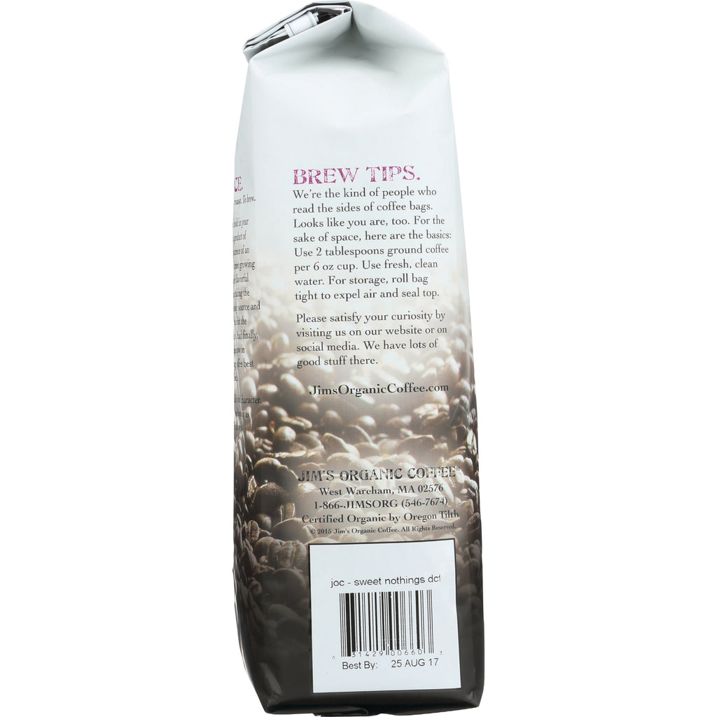 JOC014 | back of Jim's Organic Coffee bag with brew tips, barcode and Best By 25 AUG 17 - Thumbnail