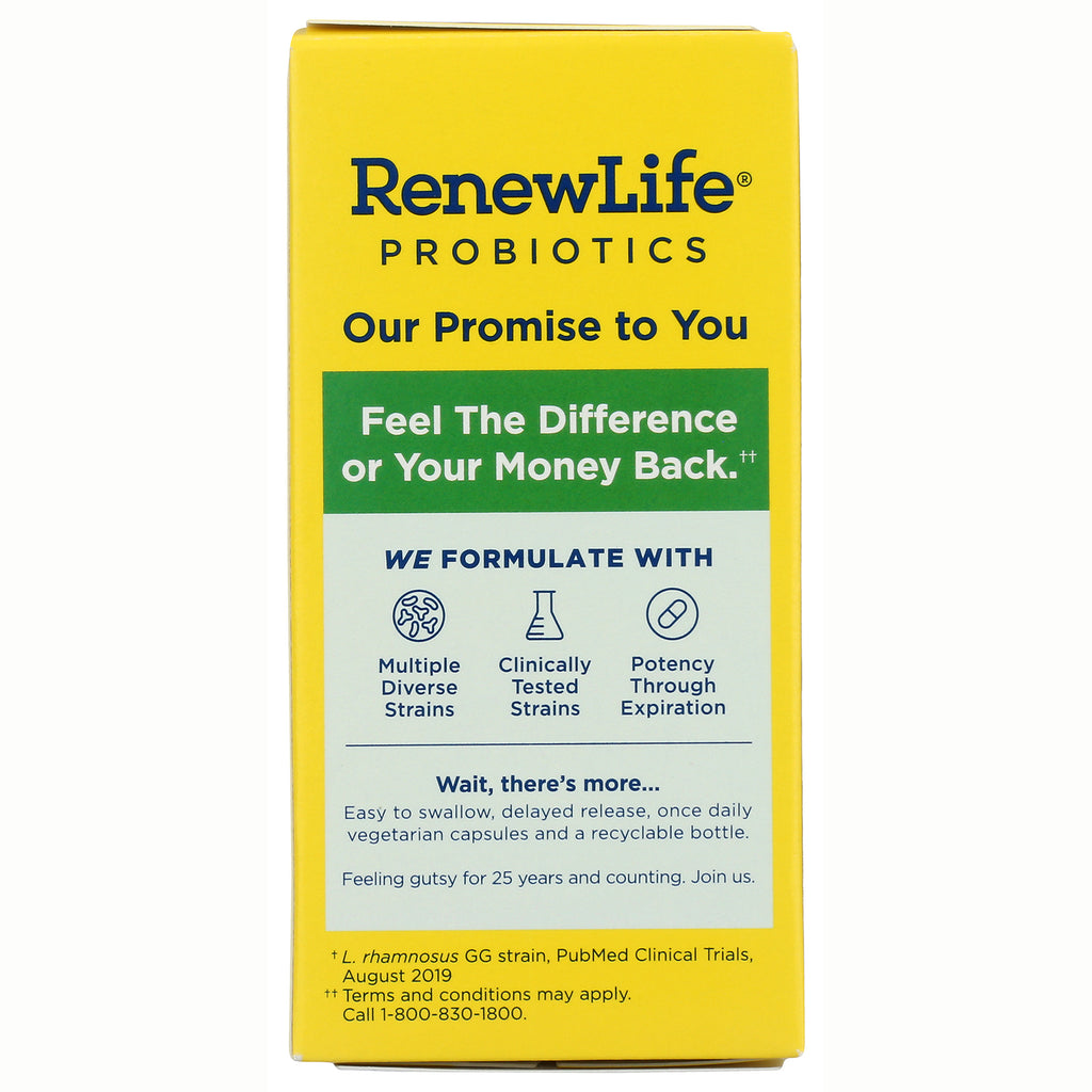 RNL237 | yellow RenewLife probiotics box panel with promise text and icons for multiple strains, clinically tested, potency through expiration - Thumbnail