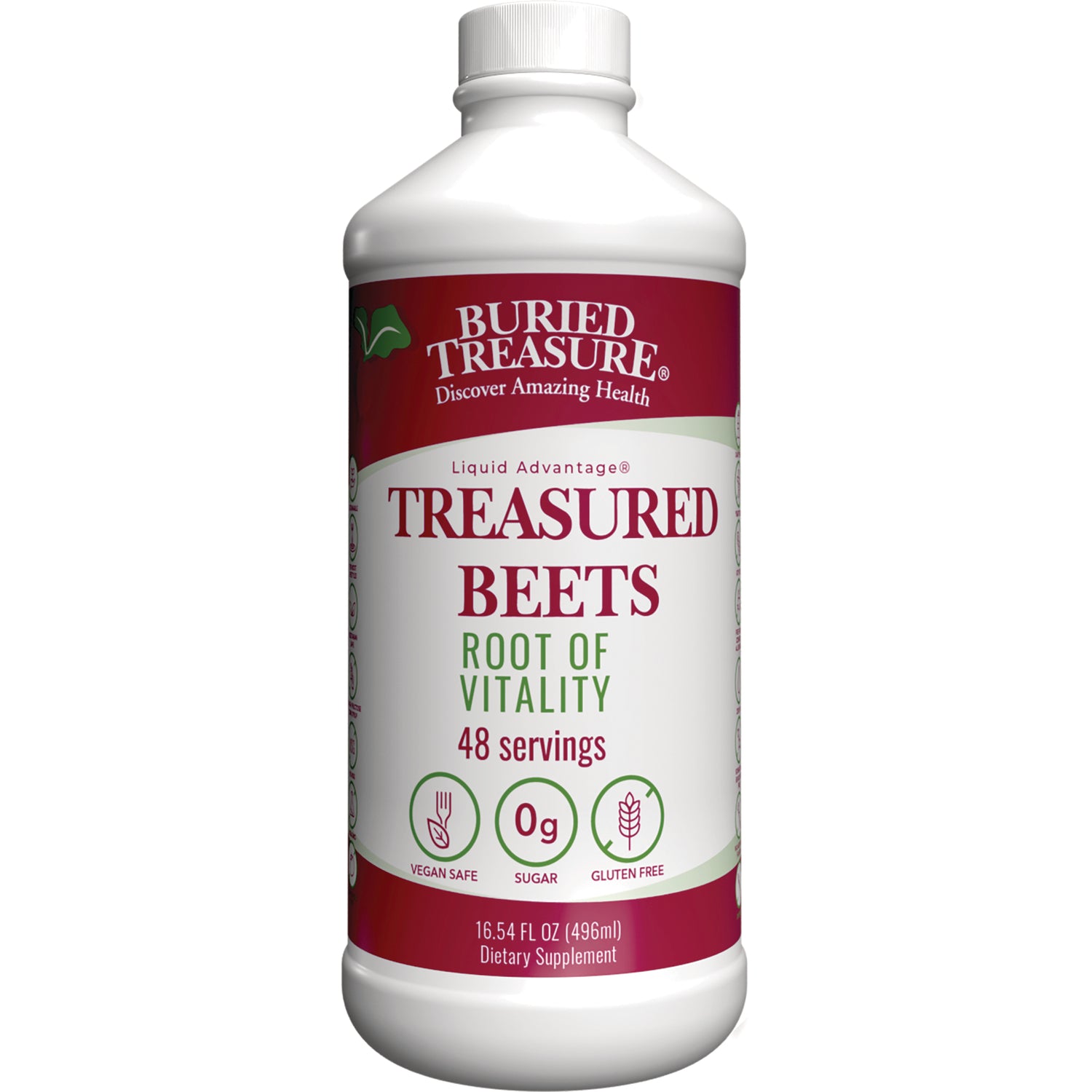 BTR044 | Buried Treasure Treasured Beets liquid supplement bottle front label Root of Vitality 48 servings