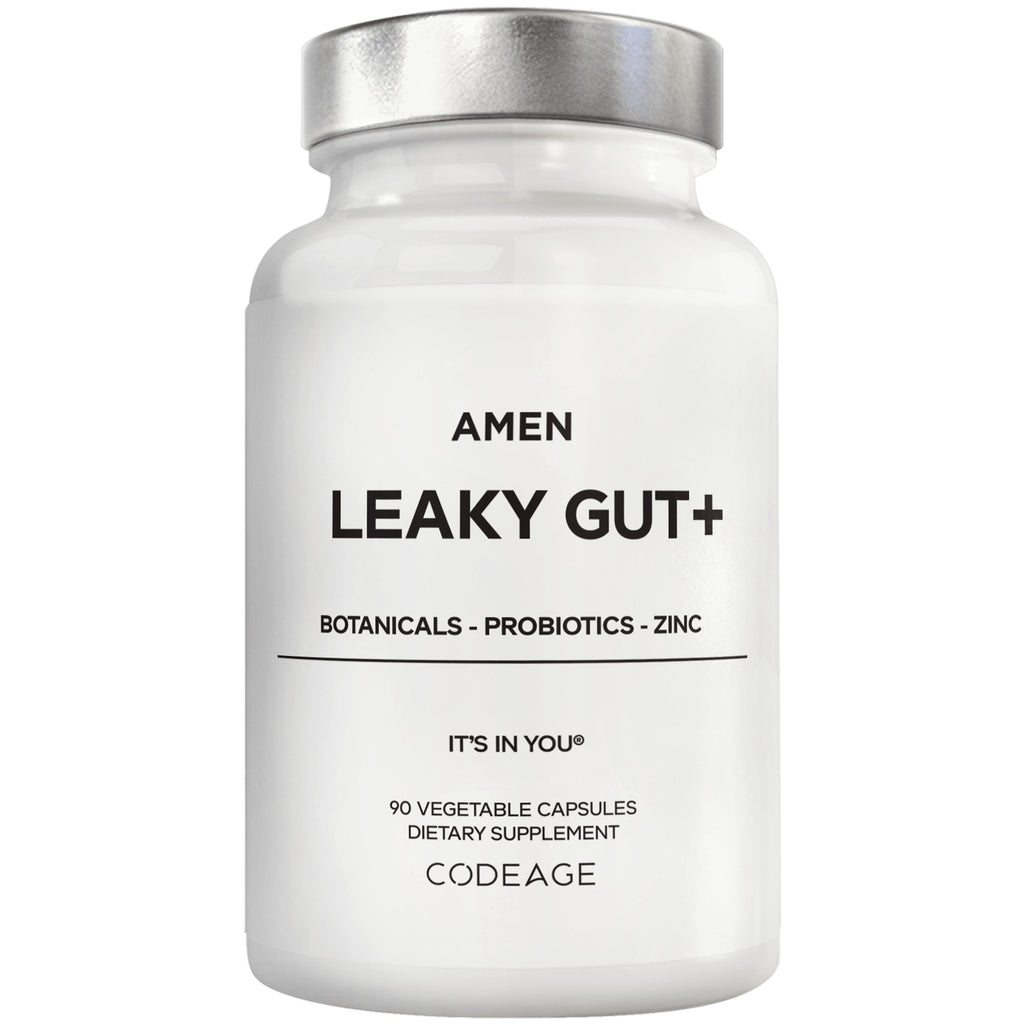 CDG006 | White supplement bottle labeled AMEN LEAKY GUT+ with botanicals, probiotics, zinc; 90 vegetable capsules, CODEAGE - Thumbnail