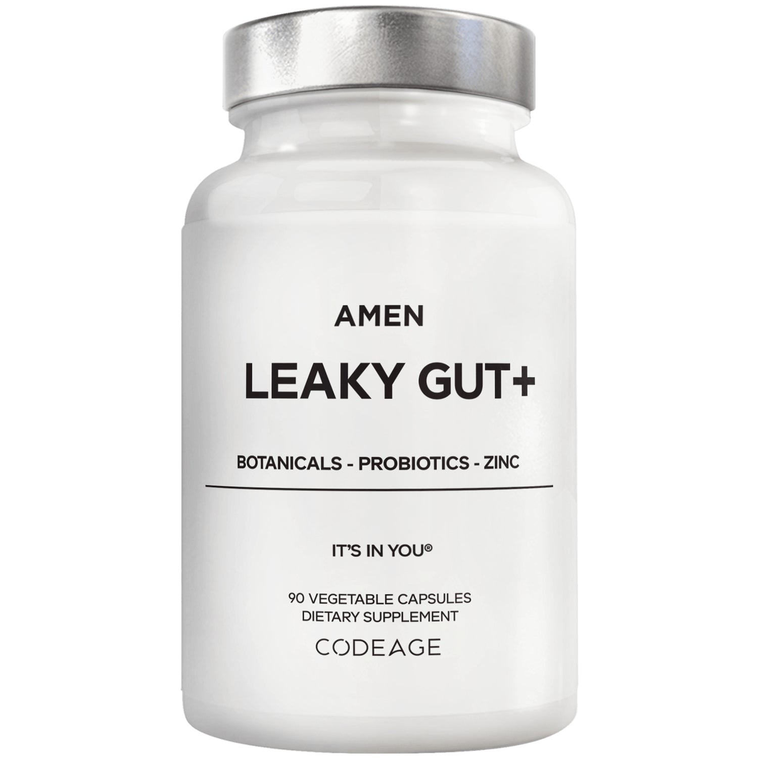 CDG006 | White supplement bottle labeled AMEN LEAKY GUT+ with botanicals, probiotics, zinc; 90 vegetable capsules, CODEAGE