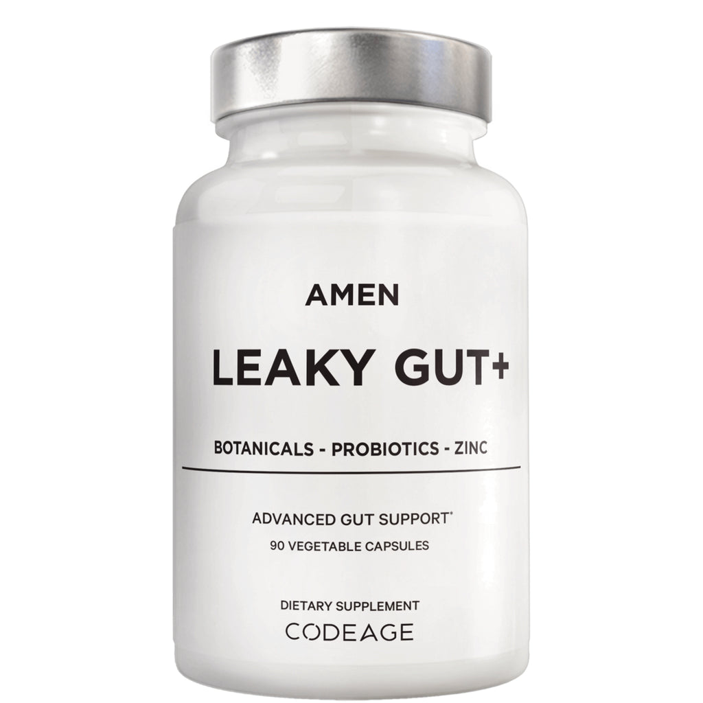 CDG006 | White supplement bottle labeled AMEN LEAKY GUT+ with botanicals, probiotics, zinc; 90 vegetable capsules, CODEAGE - Thumbnail