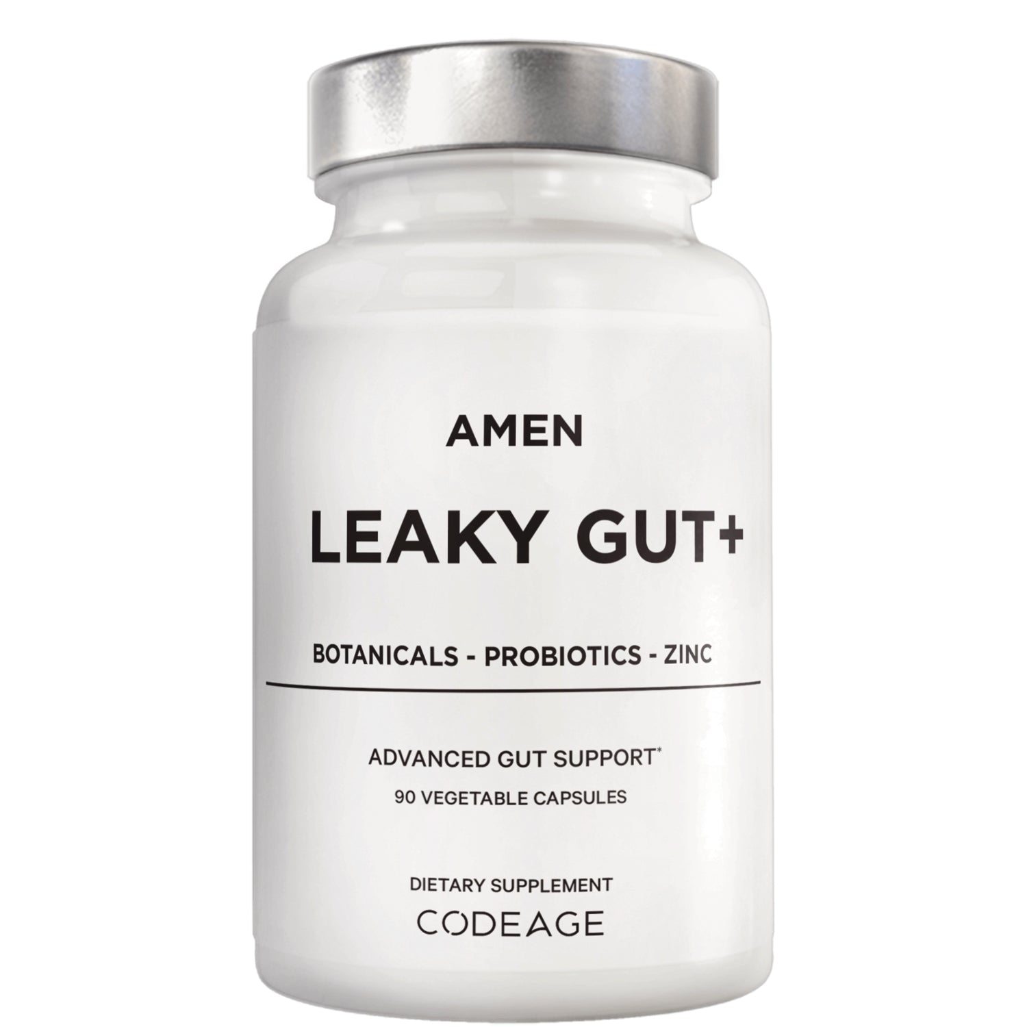 CDG006 | White supplement bottle labeled AMEN LEAKY GUT+ with botanicals, probiotics, zinc; 90 vegetable capsules, CODEAGE