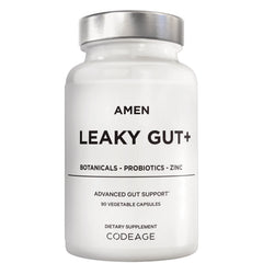 CDG006 | White supplement bottle labeled AMEN LEAKY GUT+ with botanicals, probiotics, zinc; 90 vegetable capsules, CODEAGE