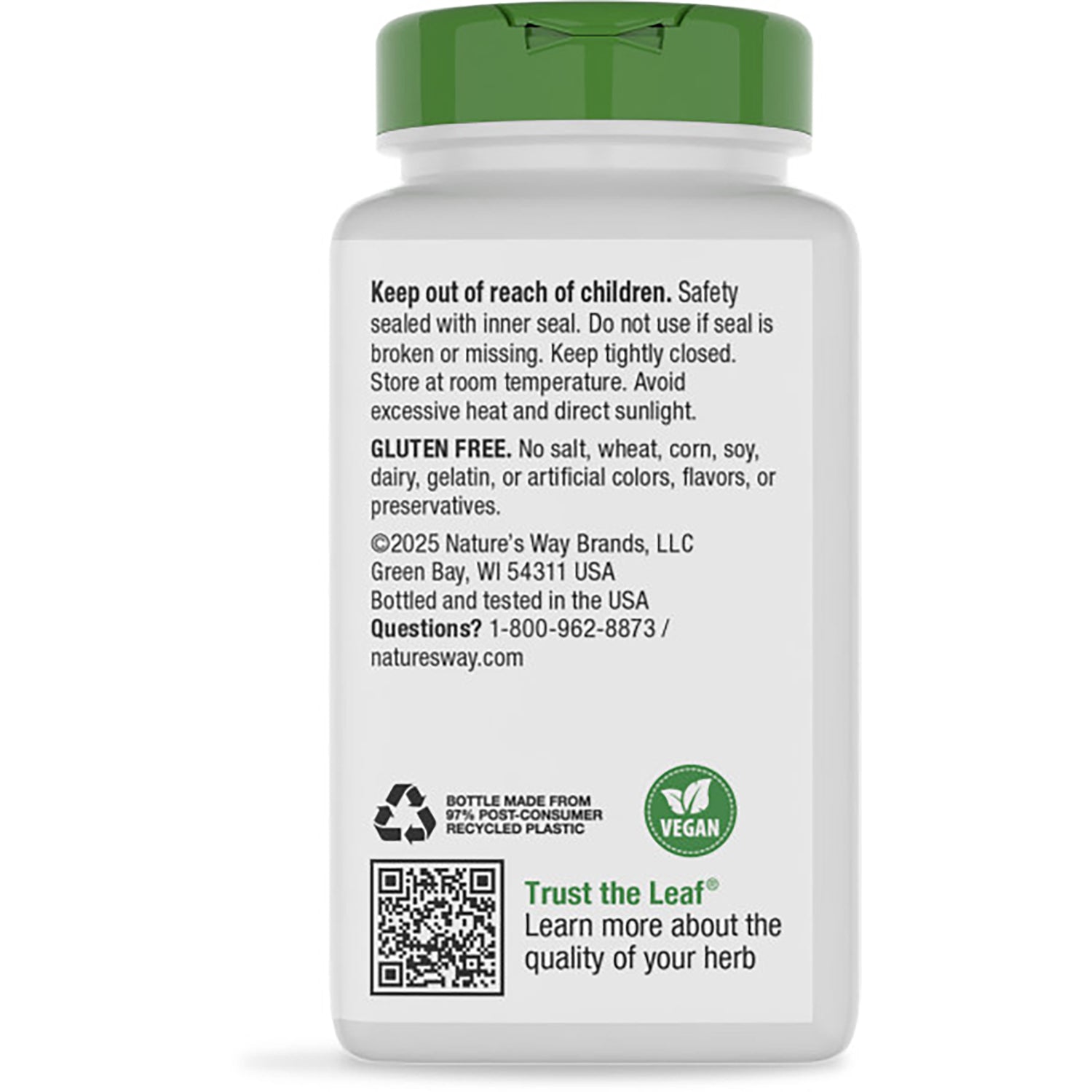 NW485 | back label of brown supplement bottle reading Traditional Support for Blood Vessel Relaxation, barcode and gluten free statement