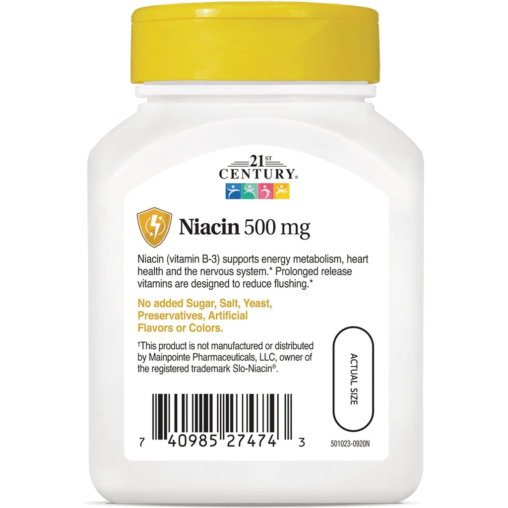 CNT272 | Product infographic showing 21st Century Niacin 500 mg bottle label with benefits text, no added sugar claim, and barcode - Thumbnail