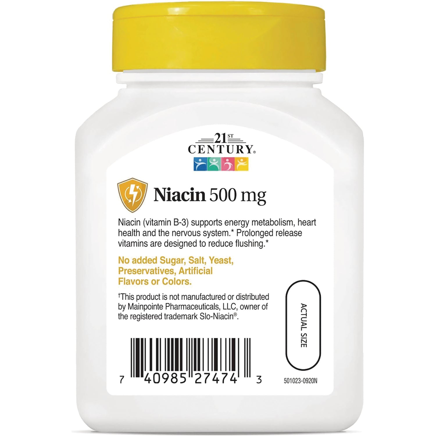 CNT272 | Product infographic showing 21st Century Niacin 500 mg bottle label with benefits text, no added sugar claim, and barcode