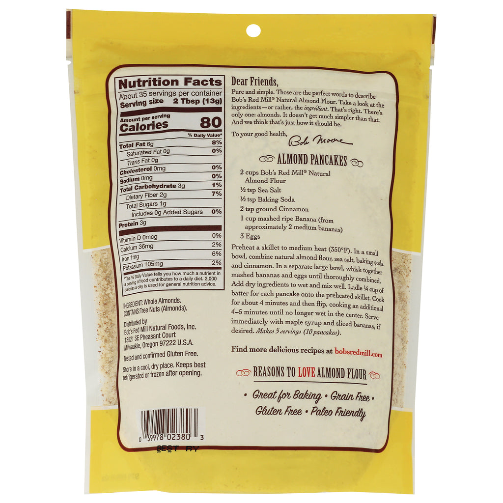 BOB273 | Back of yellow almond flour pouch showing Nutrition Facts panel and almond pancakes recipe - Thumbnail