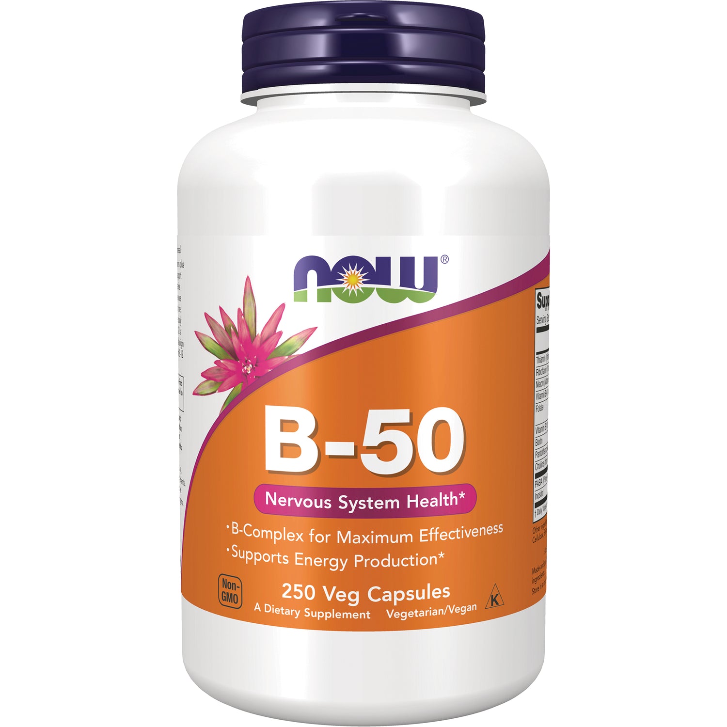 NWF1339 | NOW B-50 B-Complex 250 Veg Capsules bottle with orange label stating Nervous System Health