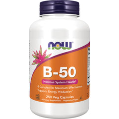 NWF1339 | NOW B-50 B-Complex 250 Veg Capsules bottle with orange label stating Nervous System Health