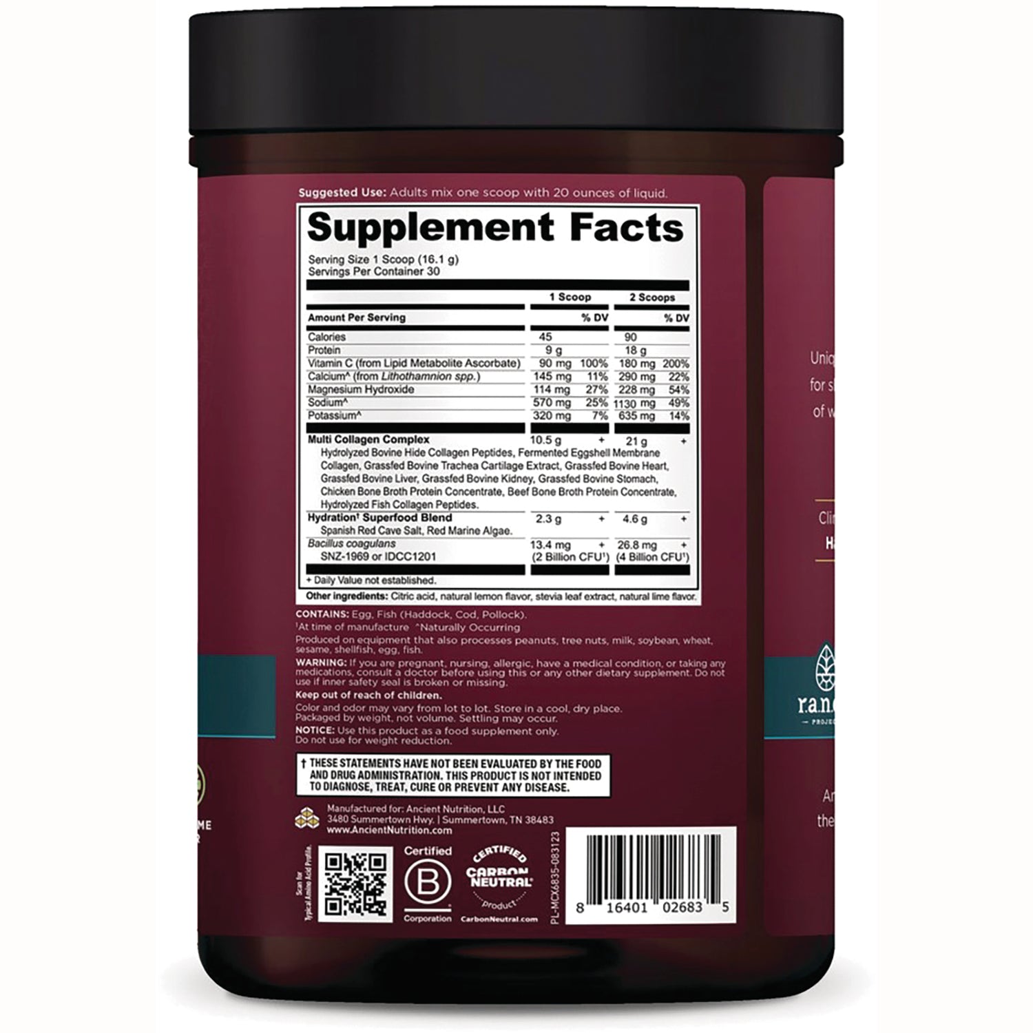 ATN130 | Back label showing Supplement Facts panel, ingredients list and barcode on maroon supplement jar