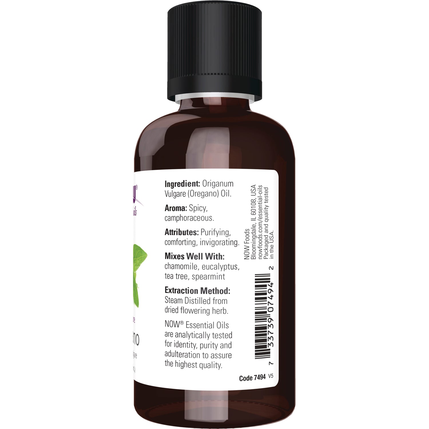 NWF261 | Back of brown essential oil bottle showing ingredients, aroma, attributes, mixes well with, extraction method and barcode on label
