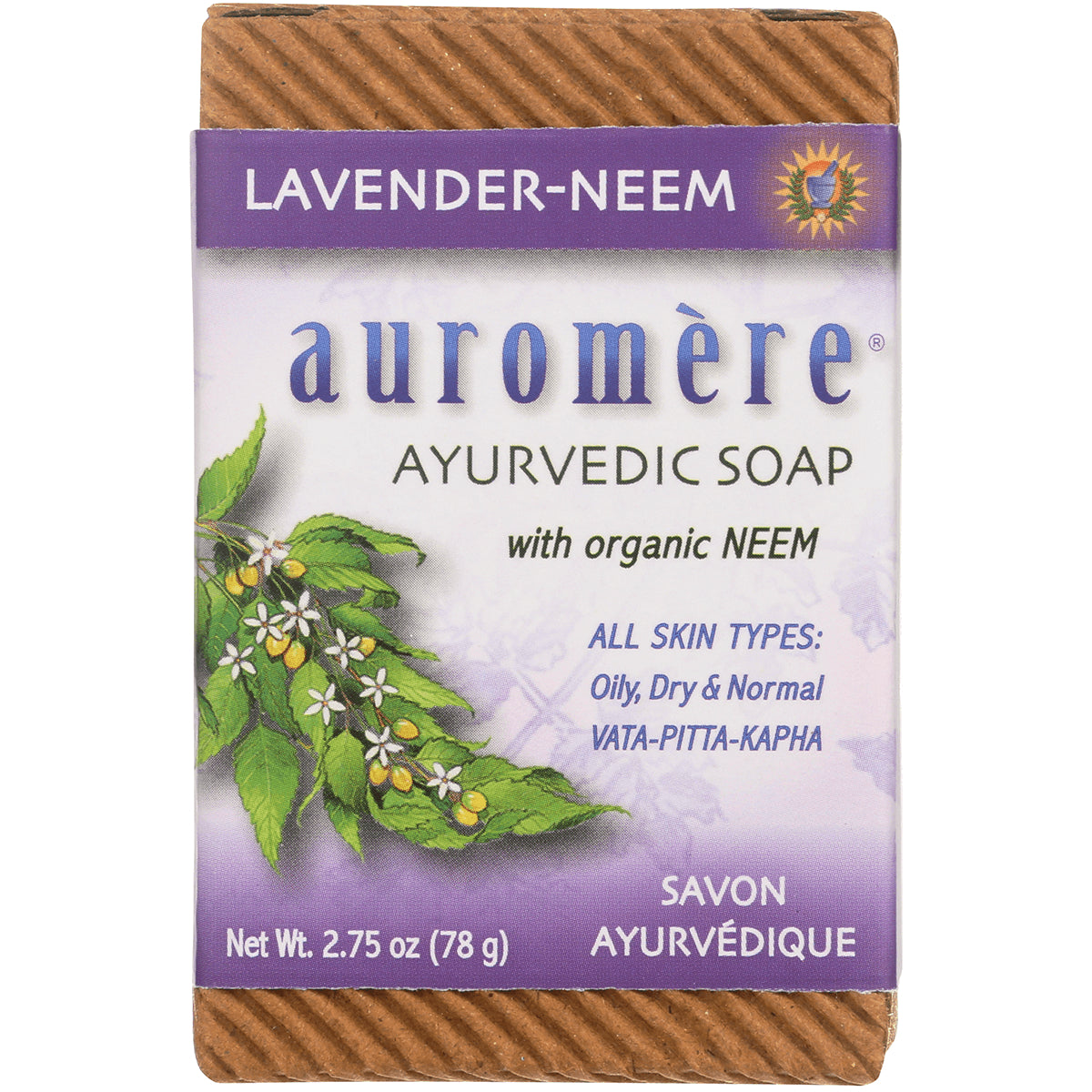 AUR003 | Auromre lavender-neem Ayurvedic soap front packaging, 2.75 oz box with neem illustration