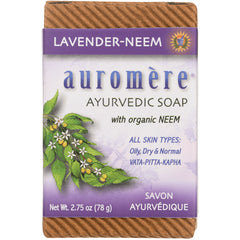 AUR003 | Auromre lavender-neem Ayurvedic soap front packaging, 2.75 oz box with neem illustration