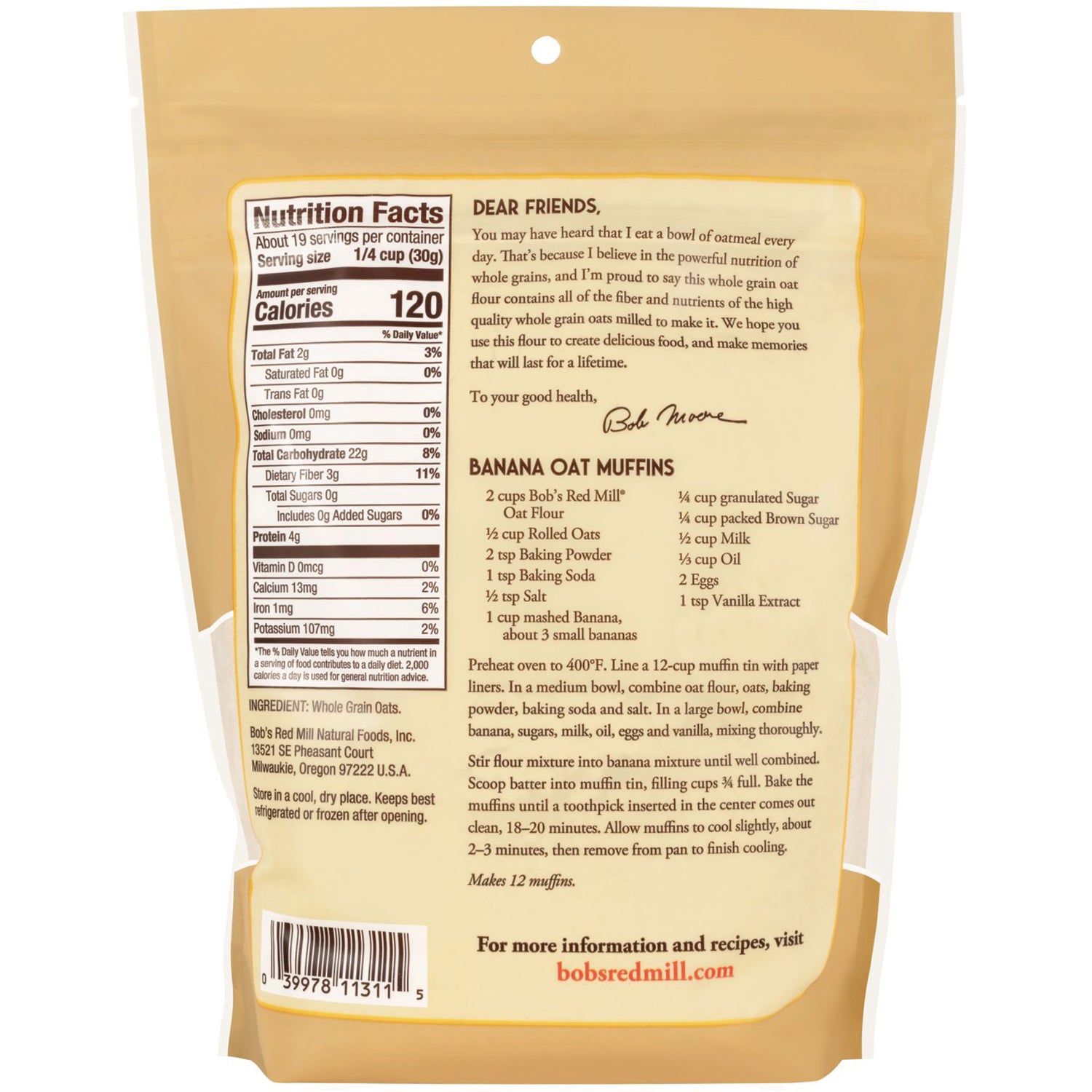 BOB446 | Back of beige bag showing nutrition facts, ingredients, banana oat muffins recipe and barcode