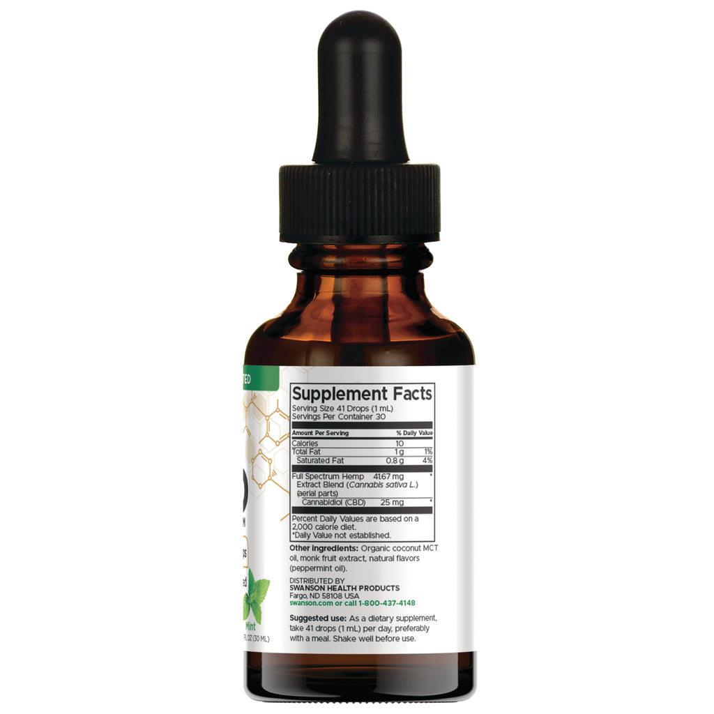 SWU1092 | Back label with Supplement Facts for full spectrum hemp extract CBD oil, peppermint mint, 1 fl oz (30 mL) - Thumbnail