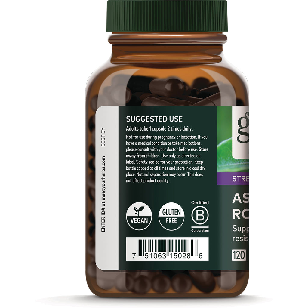 GH152 | Back label of amber supplement bottle showing suggested use text, vegan and gluten free icons, and barcode - Thumbnail