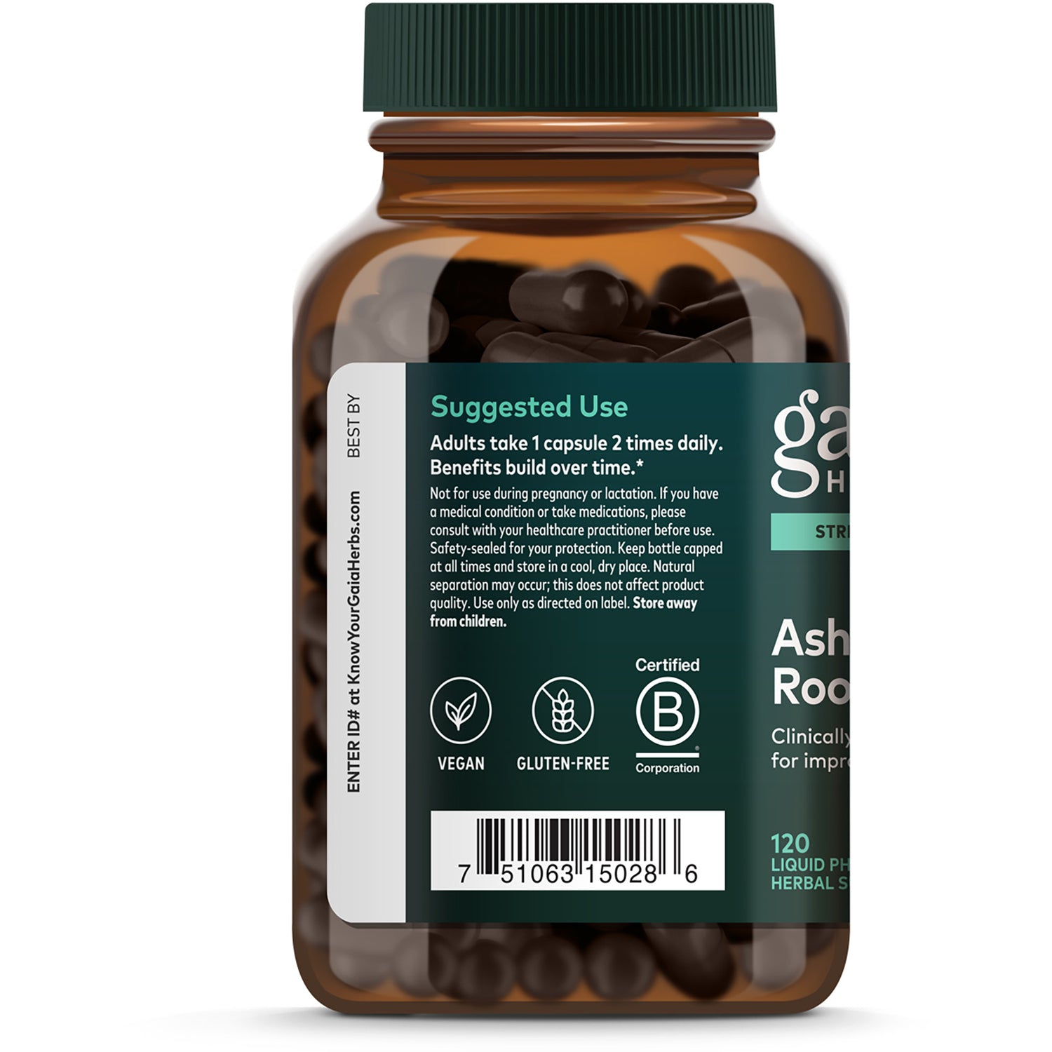 GH152 | Back label of amber supplement bottle showing suggested use text, vegan and gluten free icons, and barcode