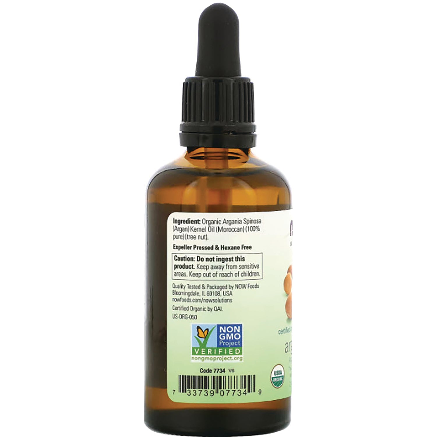 NWF1308 | Back of amber glass dropper bottle showing ingredient panel, caution text, Non-GMO Verified seal and barcode