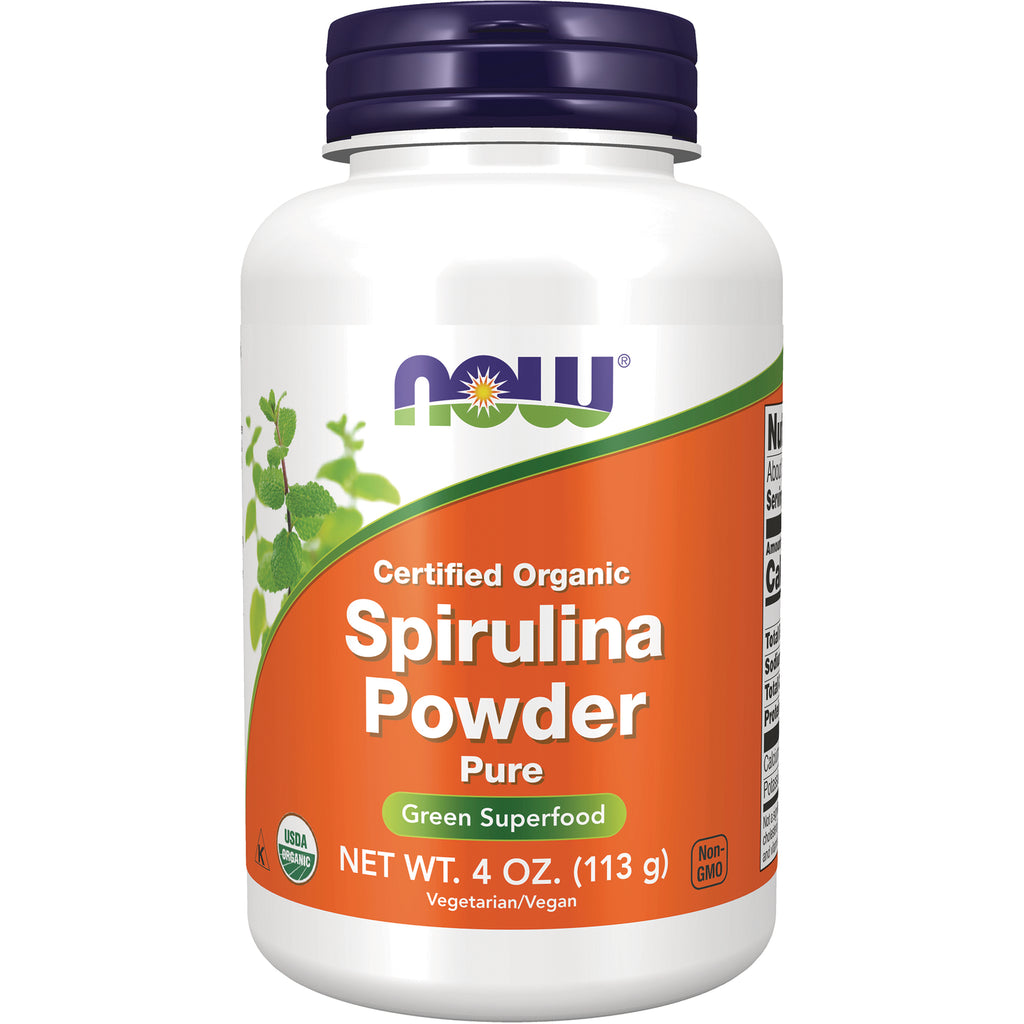 NWF710 | White bottle of NOW Certified Organic Spirulina Powder Pure with orange label, Green Superfood, NET WT. 4 OZ (113 g) - Thumbnail