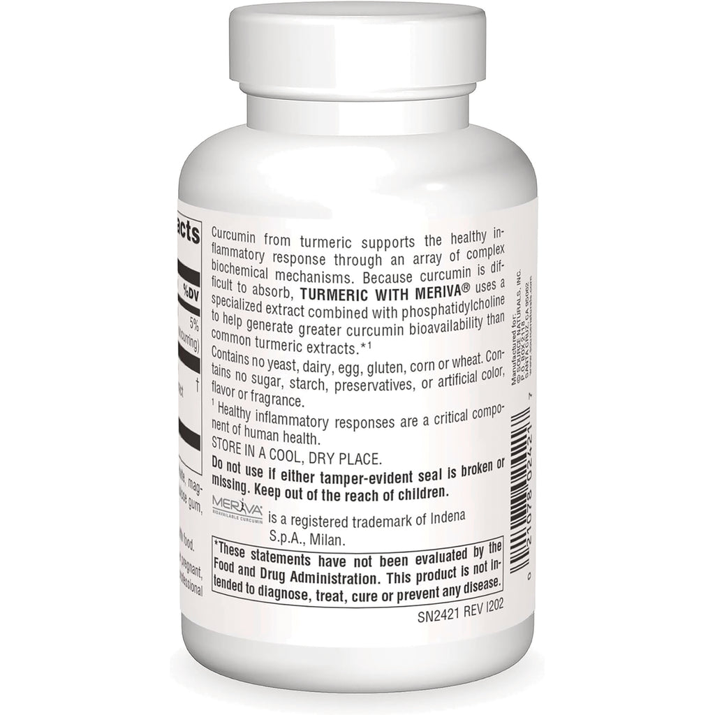 SN394 | Back label of Turmeric with Meriva supplement bottle with directions, warnings, and barcode - Thumbnail