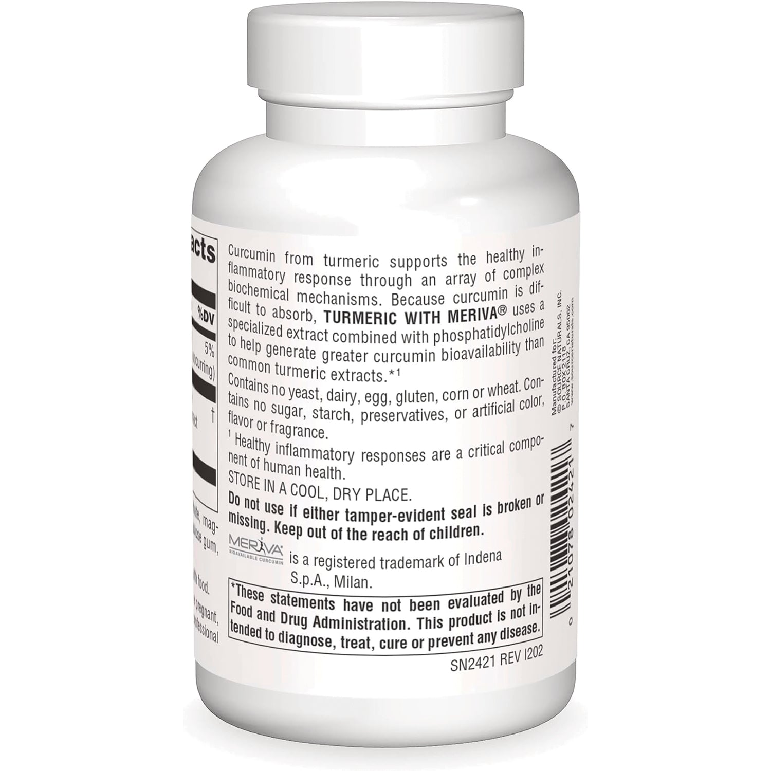 SN394 | Back label of Turmeric with Meriva supplement bottle with directions, warnings, and barcode