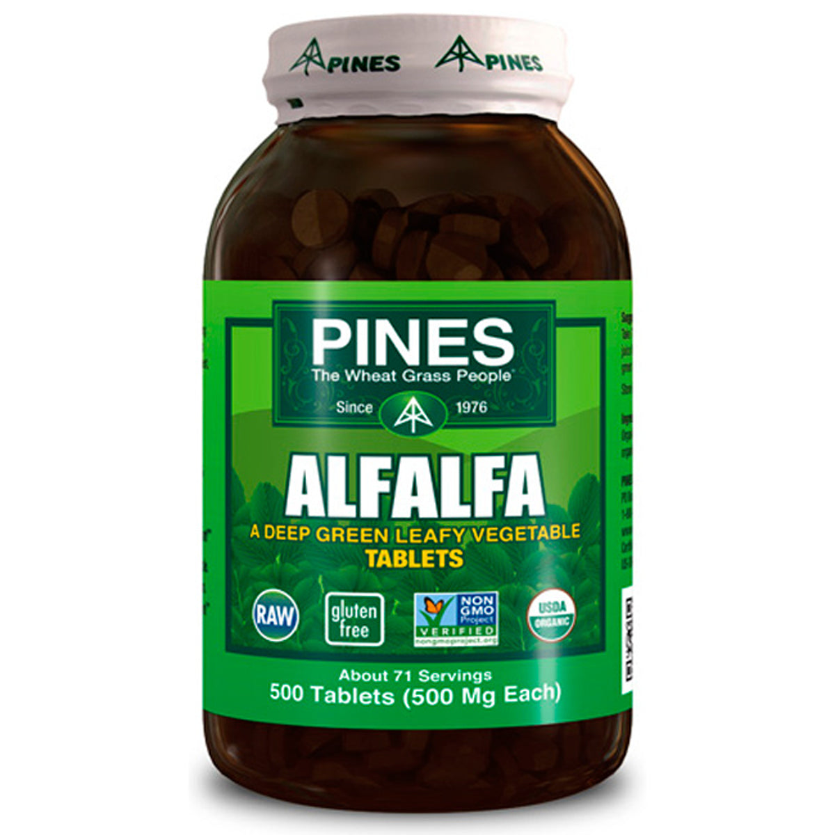 PNN006 | Pines Alfalfa tablets bottle with green label reading ALFALFA, 500 Tablets (500 Mg Each), USDA Organic