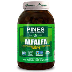 PNN006 | Pines Alfalfa tablets bottle with green label reading ALFALFA, 500 Tablets (500 Mg Each), USDA Organic