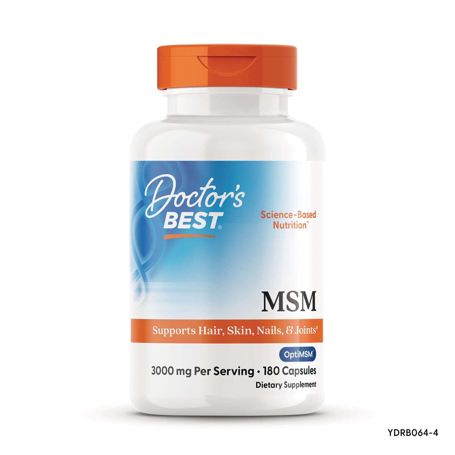 DB086 | Doctor's Best MSM supplement bottle, 3000 mg per serving, 180 capsules, supports hair skin nails & joints