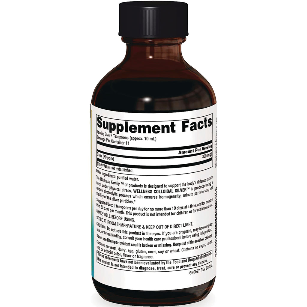 SN272 | Supplement Facts panel on wellness colloidal silver bottle, serving size 2 teaspoons (10 mL) - Thumbnail