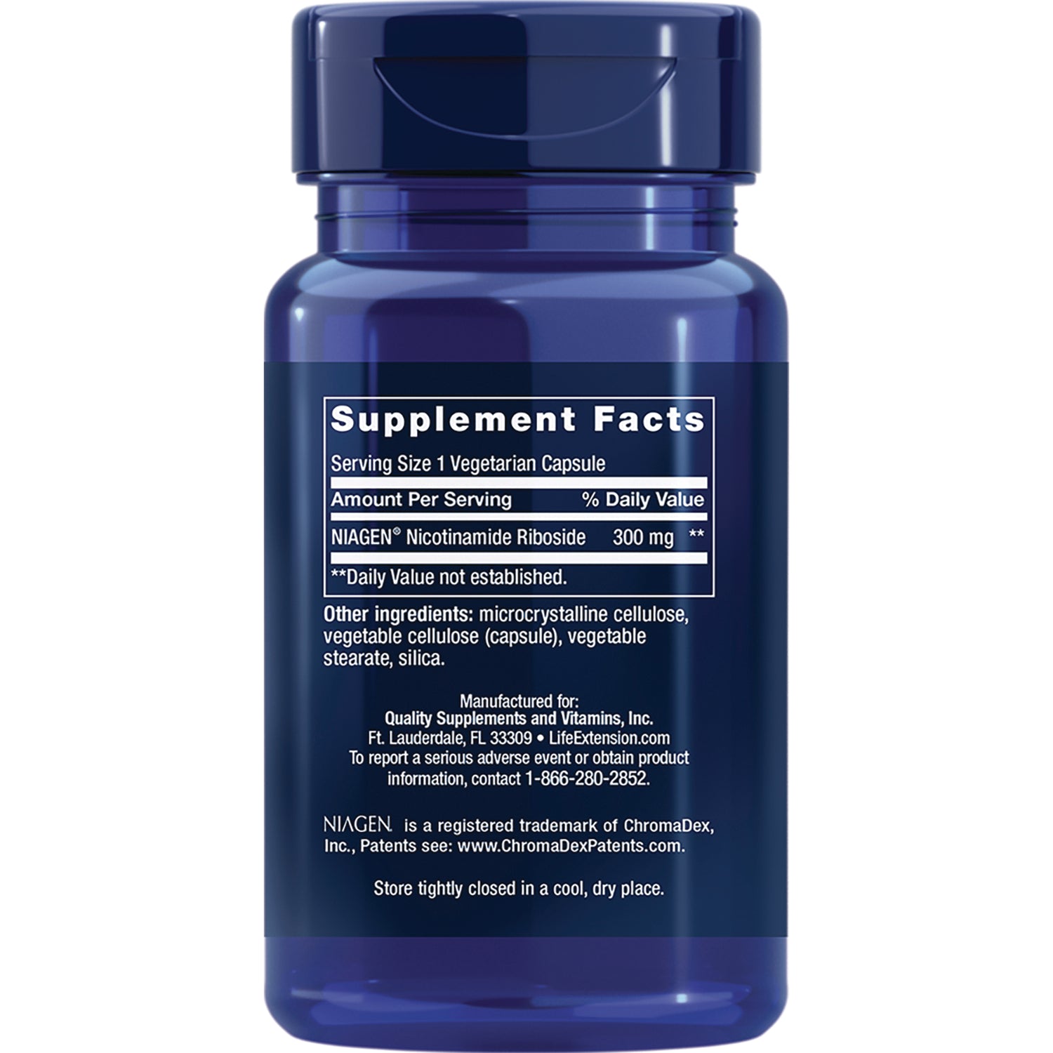 LE490 | back of blue supplement bottle showing Supplement Facts panel and ingredient list