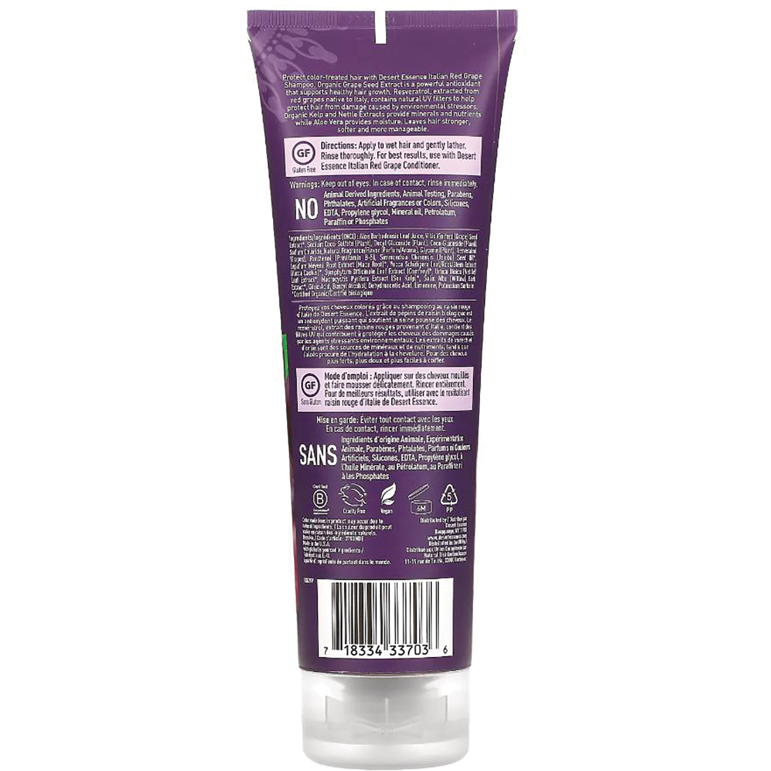 DST012 | back of purple hair care tube showing ingredients, warnings, directions, and barcode
