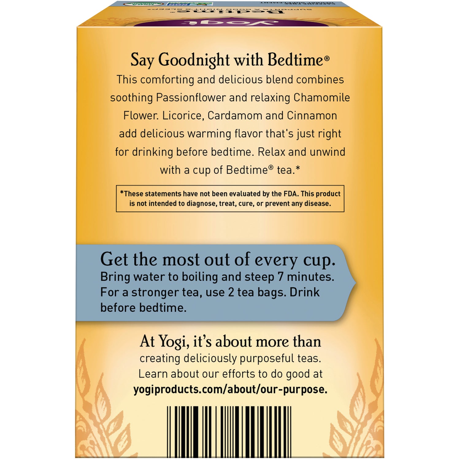AHW001 | Back of Yogi Bedtime tea box with product description, steeping instructions and barcode