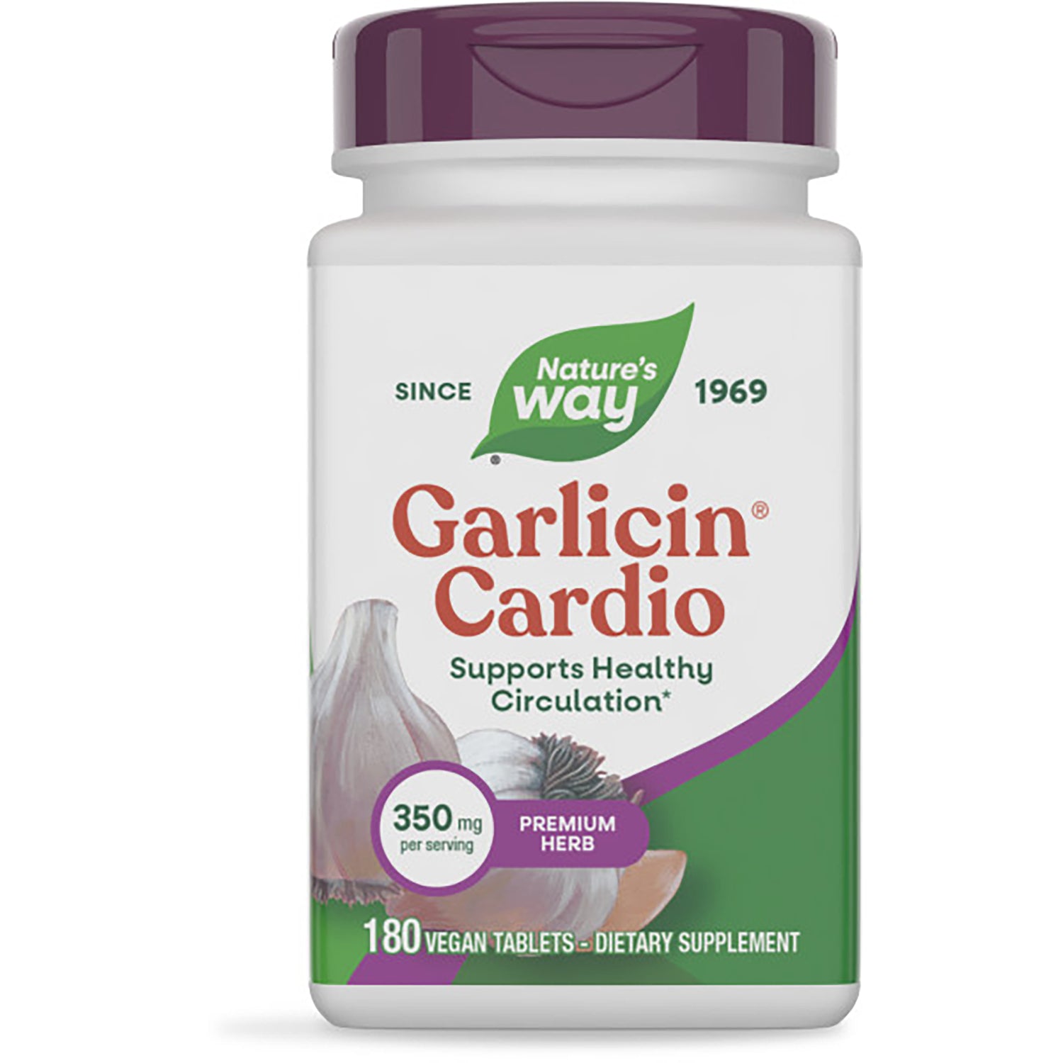 NW731 | Nature's Way GARLICIN CARDIO premium herbal bottle, 180 vegan tablets, plant powered, supports healthy circulation