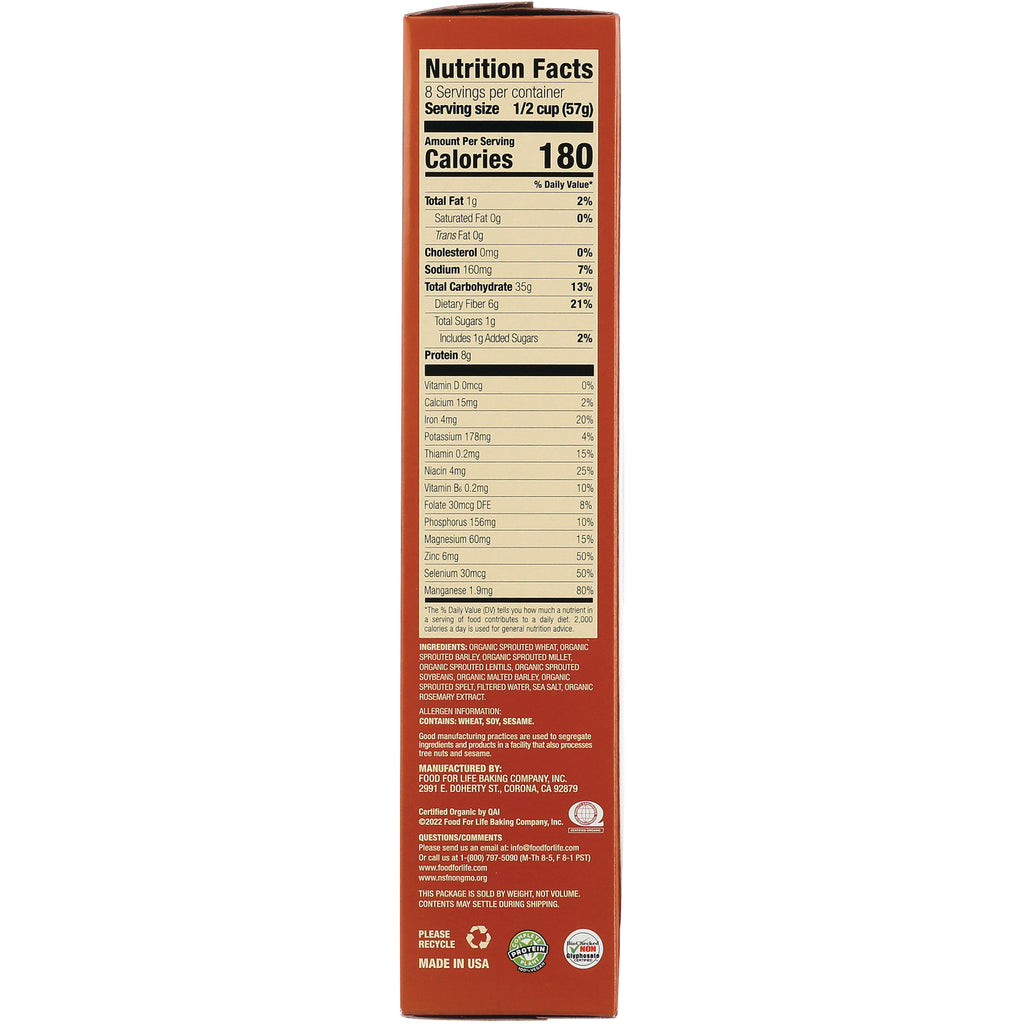 FFL004 | Back panel showing Nutrition Facts label with serving size 1/2 cup (57g), Calories 180, and ingredient and allergen information - Thumbnail