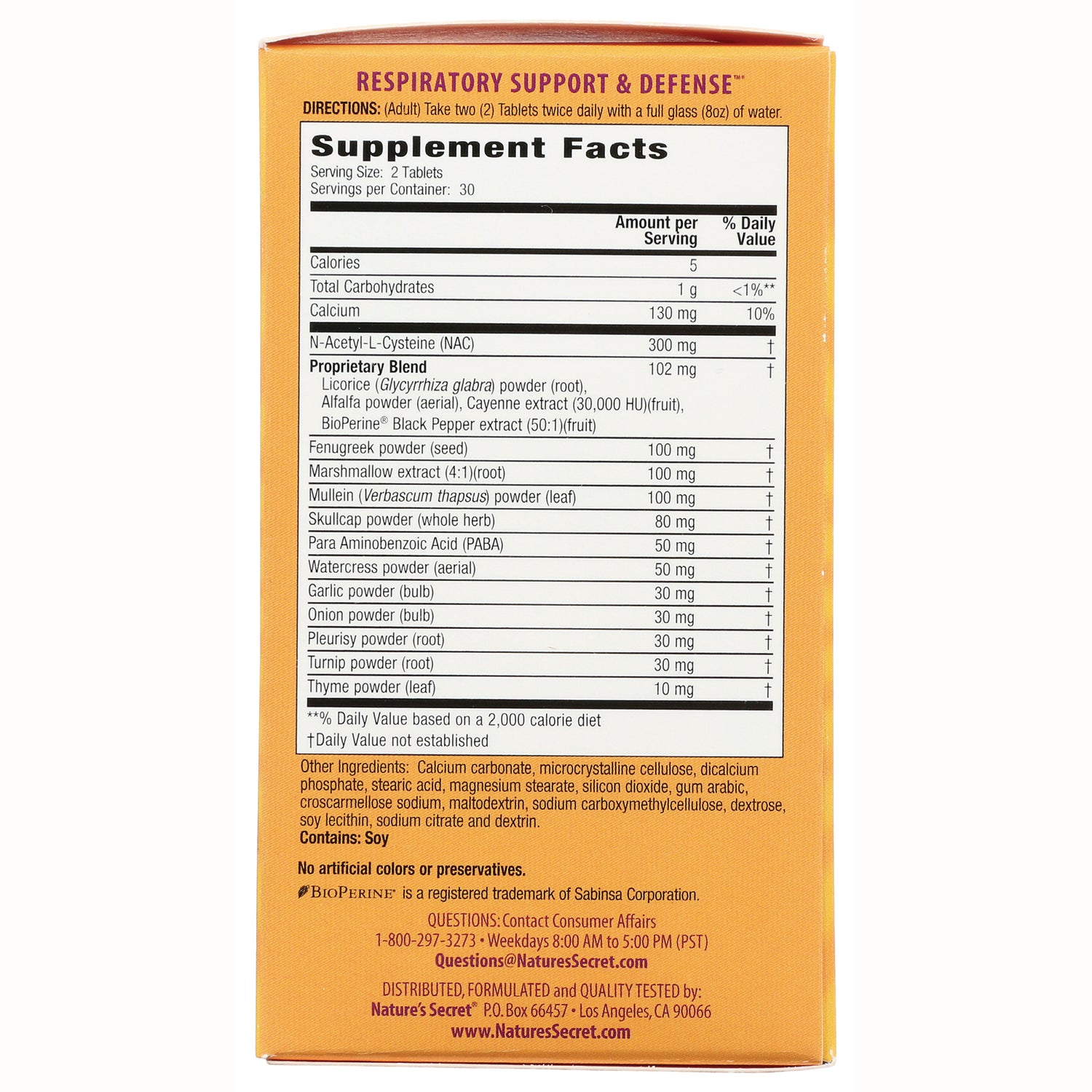 NTS25 | Back of orange supplement box showing Supplement Facts panel, ingredients list and contact information