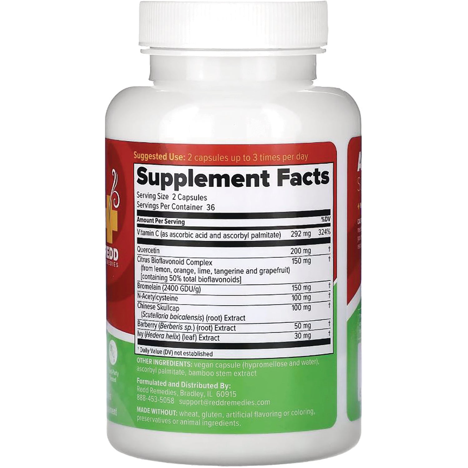 Back of white supplement bottle showing Supplement Facts panel, ingredients and suggested use text