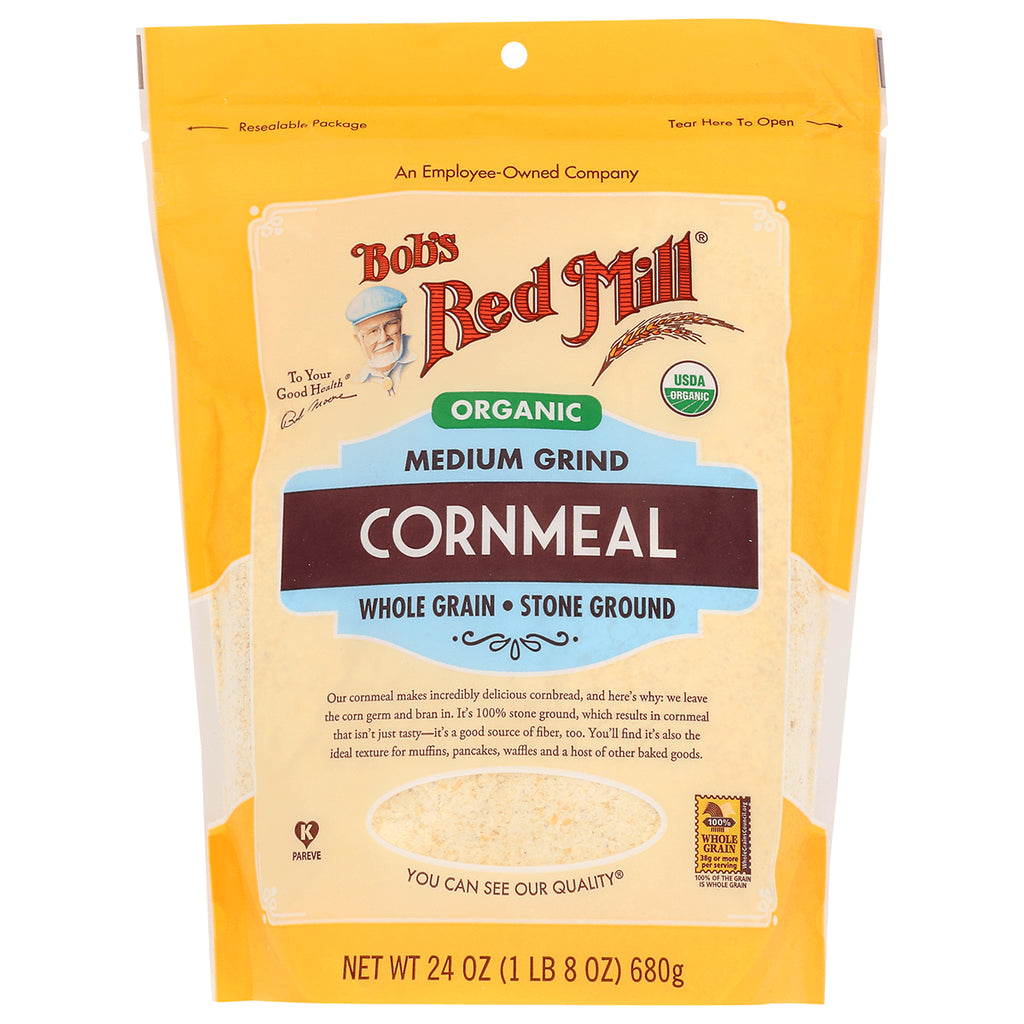 BOB295 | Bob's Red Mill organic medium grind cornmeal pouch, resealable yellow front package, net wt 24 oz - Thumbnail